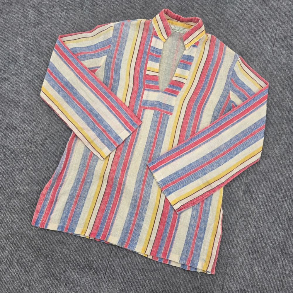 Vintage 70s Sears JR Bazaar Striped Tunic Top V-Neck Boho Red Blue Yellow
